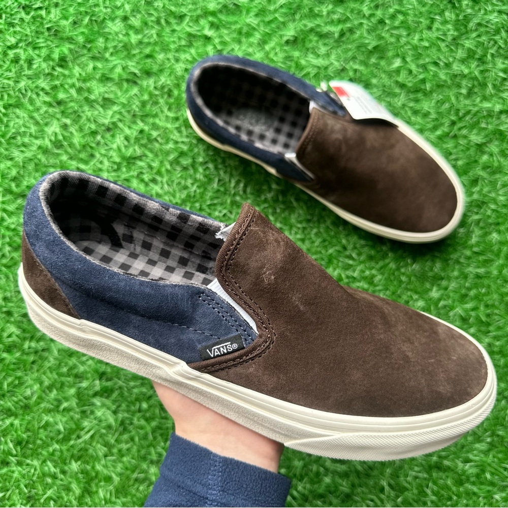 Vans Classic Slip On Pig Suede Plaid Brown Navy - Picture 1 of 10